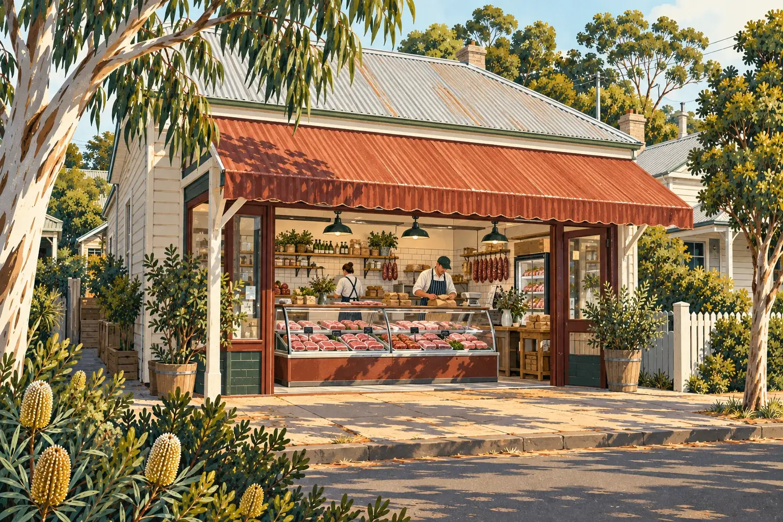 Illustrated Australian butcher shop with a rust-red awning and a butcher wrapping an order behind the counter