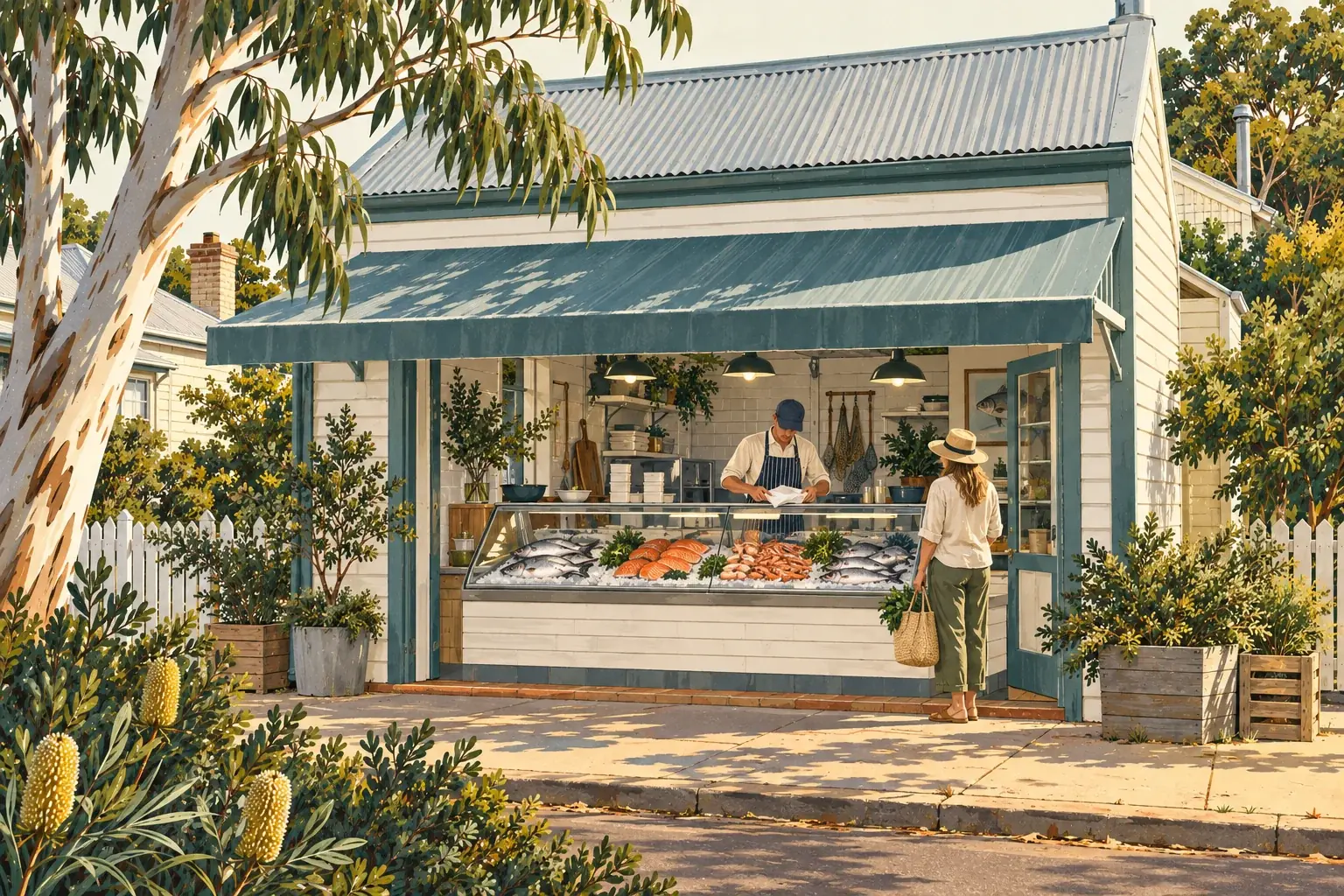 Illustrated Australian fishmonger wrapping an order behind a chilled seafood counter