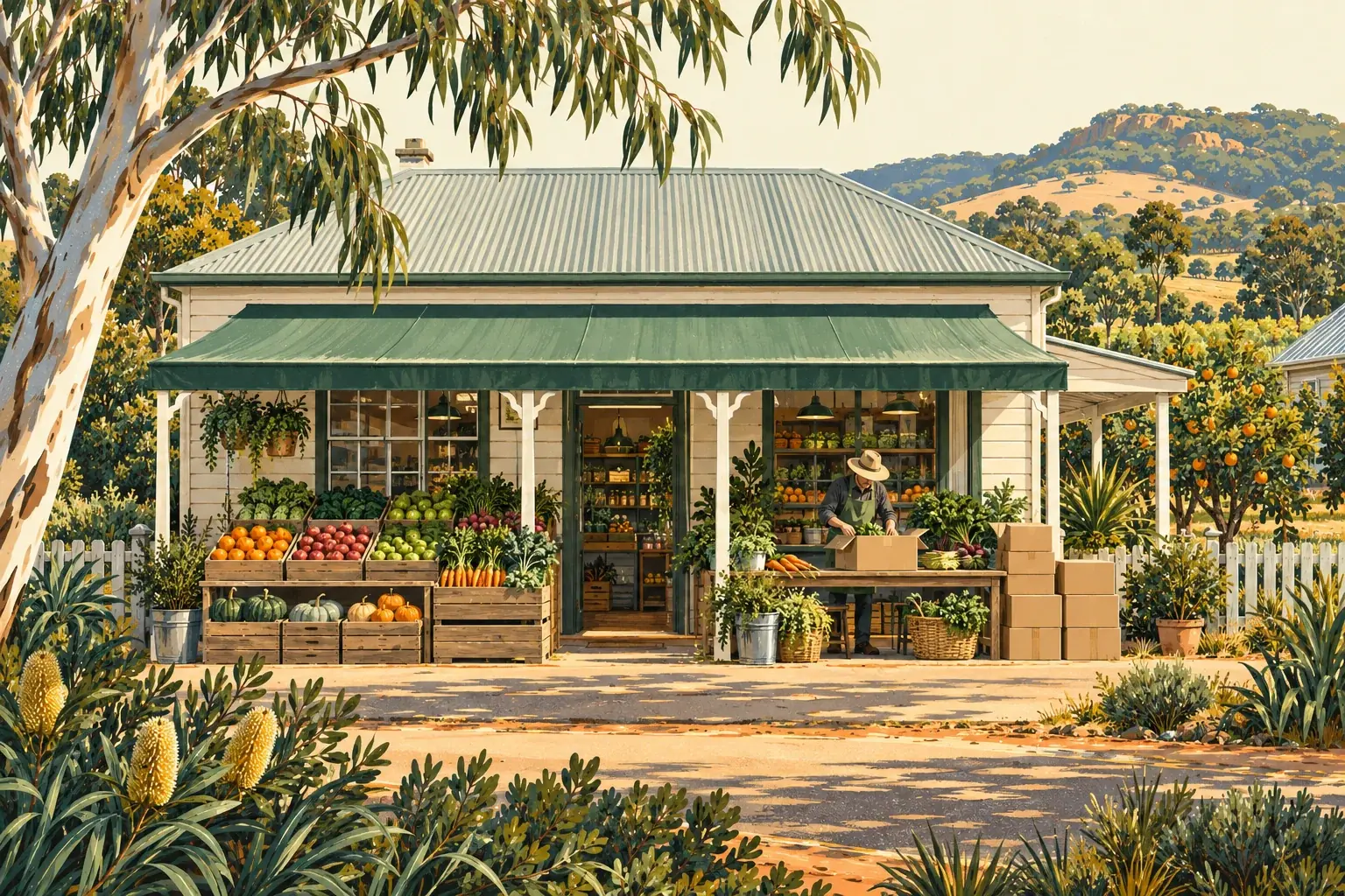 Illustrated Australian greengrocer with fresh produce crates and a shopkeeper packing a vegetable box