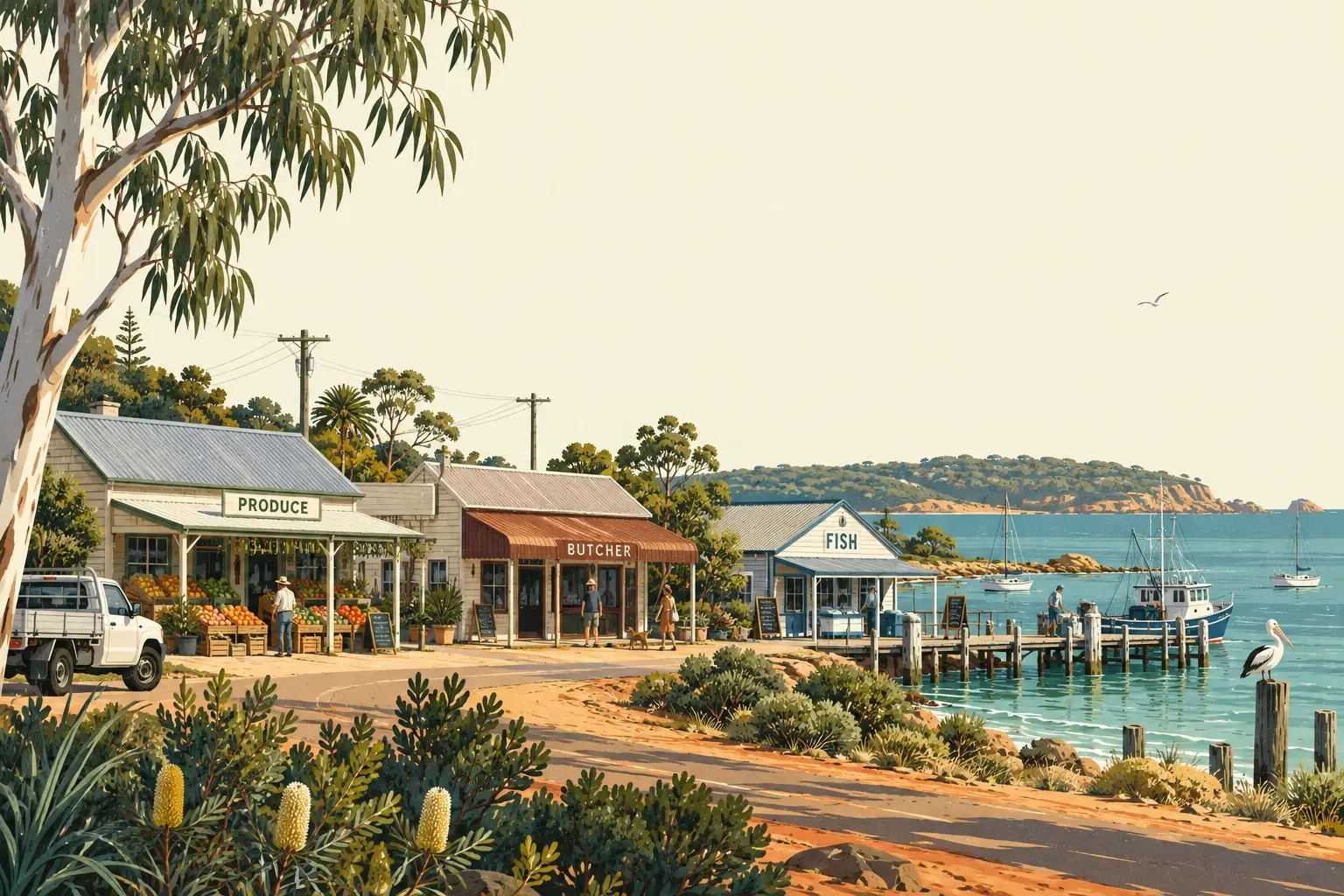 An illustrated Australian town with local fresh-food shops
