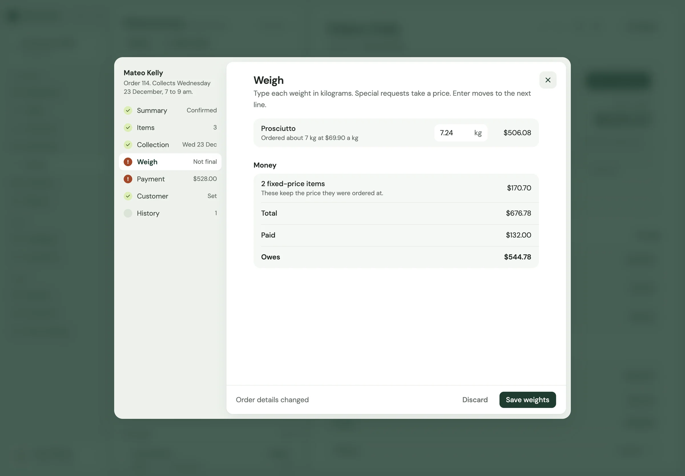 Butcher demo order with actual weight and updated balance