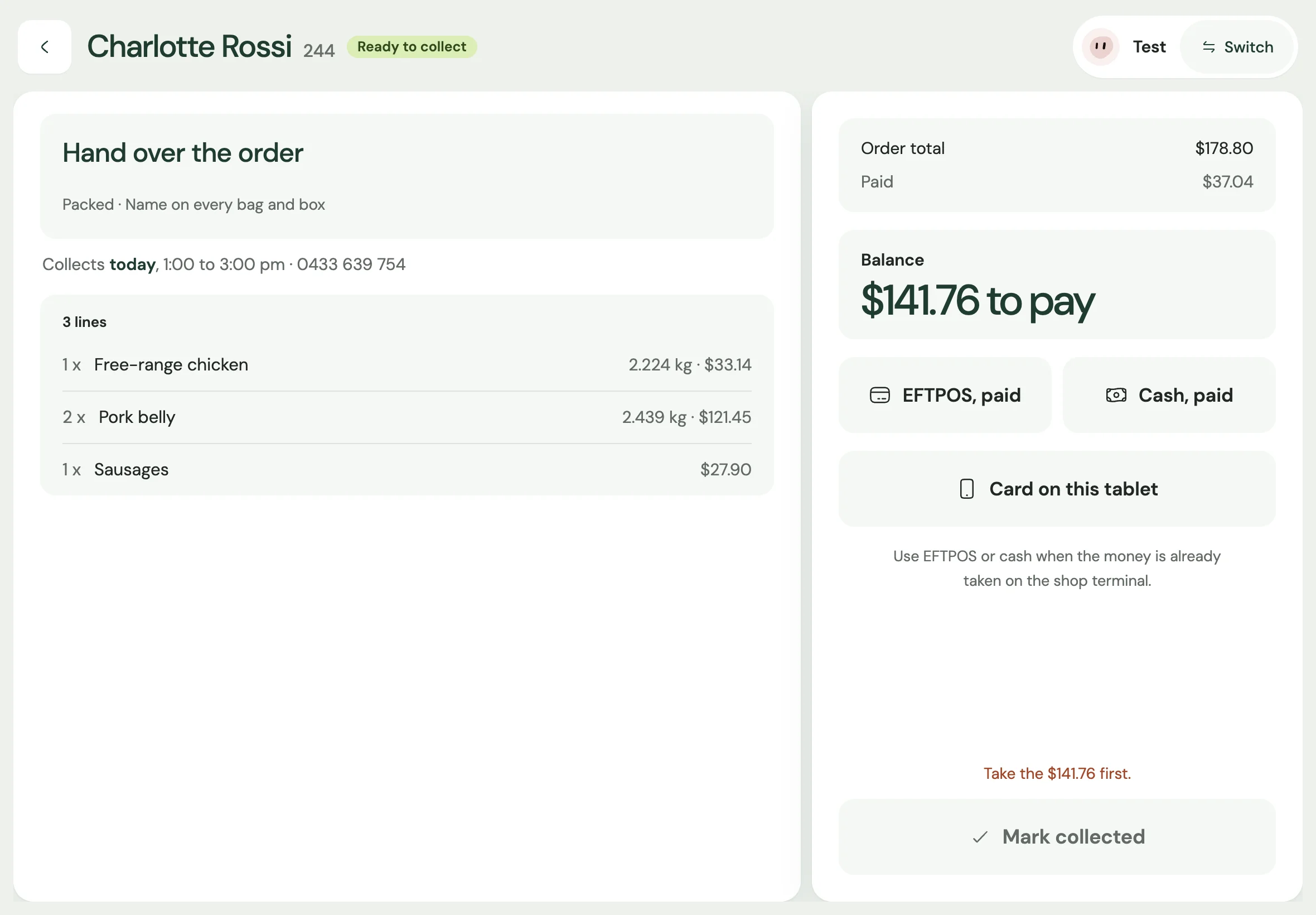 Counter pickup order with $141.76 remaining to pay