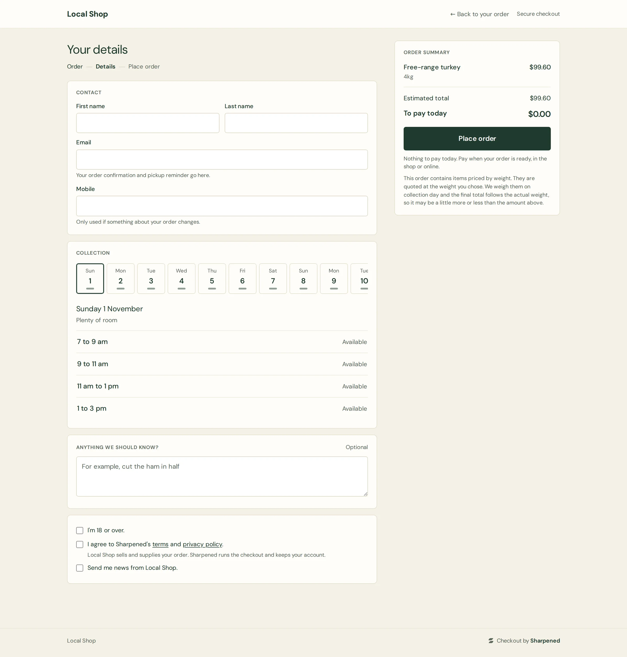 Current checkout showing collection days and time slots; demo data