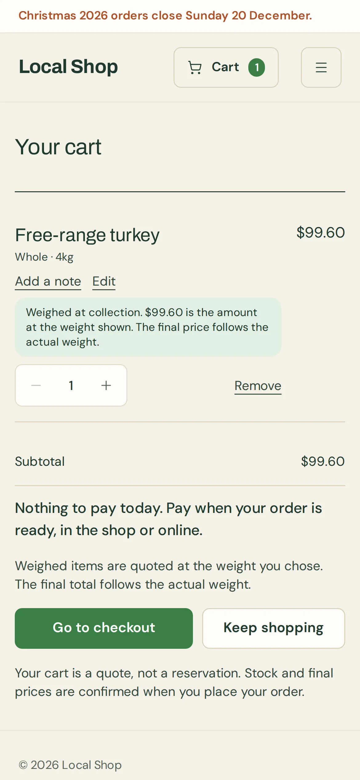 Branded online shop cart with weight-based pricing.